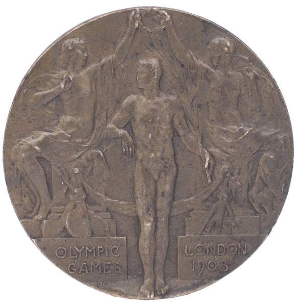 SCARCE 1908 LONDON SUMMER OLYMPICS 3RD PLACE BRONZE MEDAL (SMALLEST WINNERS MEDAL EVER MADE) AWARDED TO GREAT BRITAIN FOR TEAM PISTOL SHOOTING