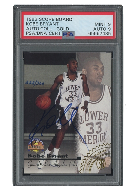 1996 SCORE BOARD KOBE BRYANT AUTOGRAPHED COLLECTION GOLD #222/300 SIGNED ROOKIE CARD - PSA MINT 9 & PSA/DNA AUTO. 9 (NONE GRADED HIGHER)