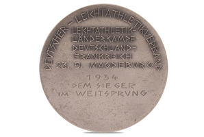 9/23/1934 Germany vs. France International Dual Meet (Magdeburg) First Place Winners Medal for Long Jump Awarded to Luz Long