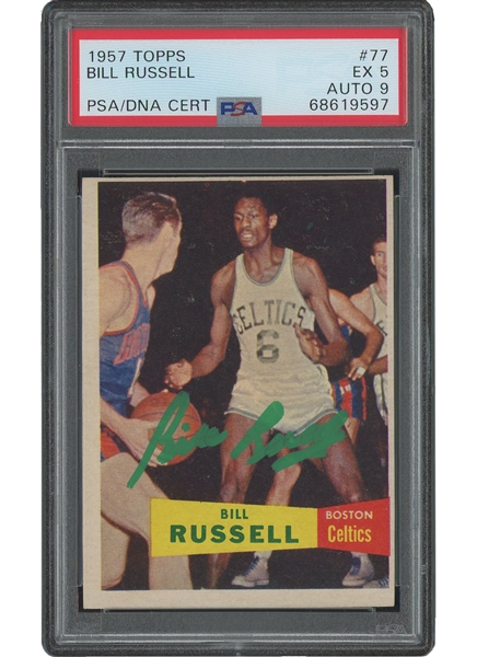 1957 Topps #77 Bill Russell Rookie Autographed in Eye-Popping Celtics Green - PSA EX 5 & PSA/DNA 9 Auto.