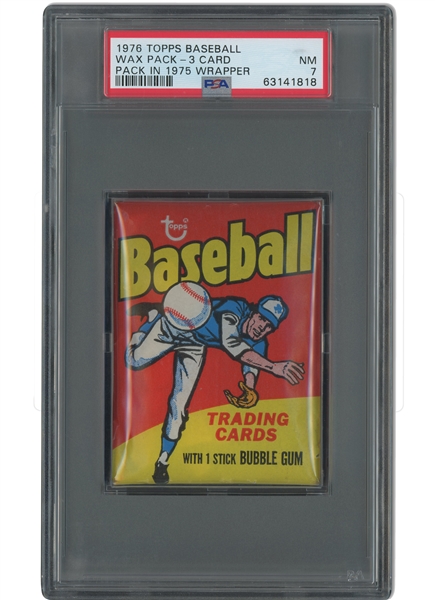 1976 Topps Baseball Unopened Wax Pack (3-Card Pack in 1975 Wrapper) - PSA NM 7, Only One Graded Higher!