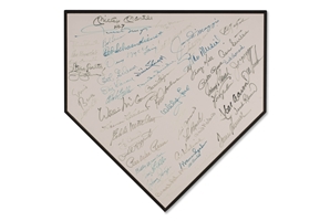 Home Plate Signed by 53 Baseball Hall of Famers & Greats (57 Total Autos.) incl. Mantle, Ted Williams, DiMaggio, Mays, Aaron, Musial, Berra, etc. - PSA/DNA LOA
