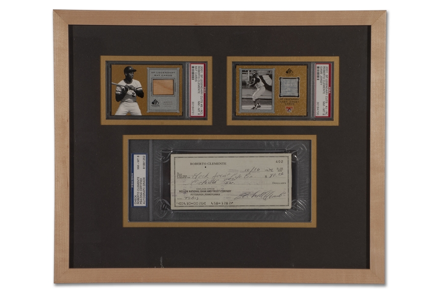 10/16/1972 Roberto Clemente Signed Bank Check (PSA/DNA 8 Auto.) Displayed with 2001 SP Legendary Cuts Game Jersey & Bat Cards (Both PSA NM-MT 8)
