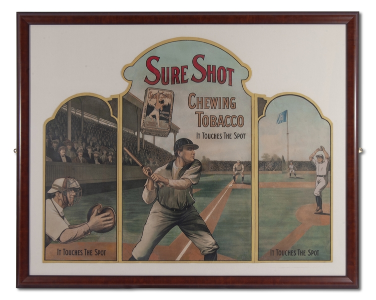 Sizable C. 1910 Sure Shot Chewing Tobacco (3) Panel Baseball Advertising Display