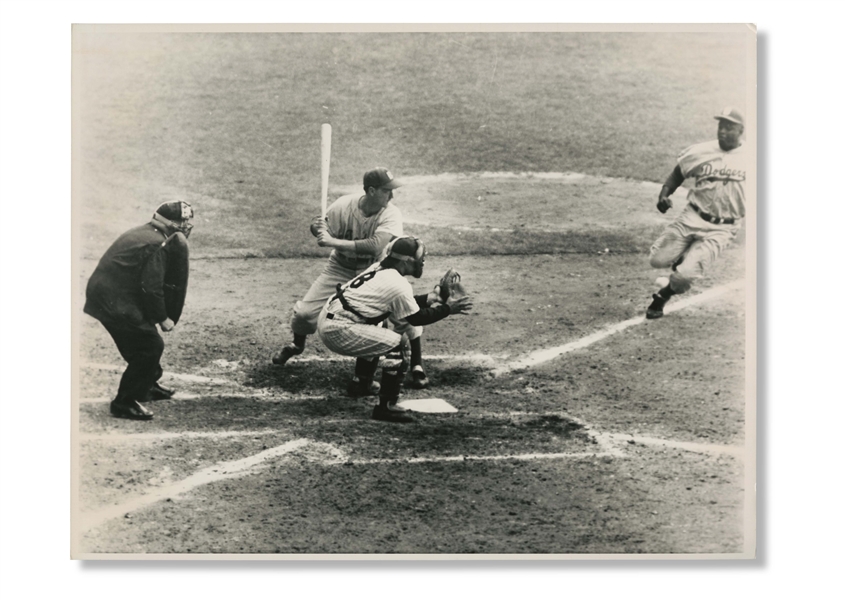 Fascinating (8) Photo Sequence of Jackie Robinson Stealing Home in the 1955 World Series - PSA Type II Authentic