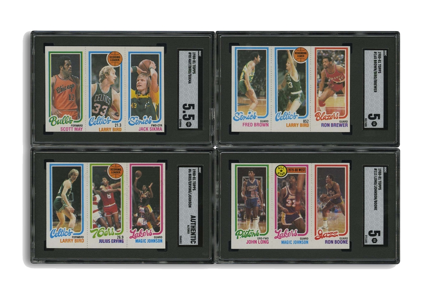 1980-81 Topps Basketball Group of (4) Unique Larry Bird & Magic Johnson Cards incl. Bird/Magic/Erving Scoring Leaders Rookie - All SGC Graded