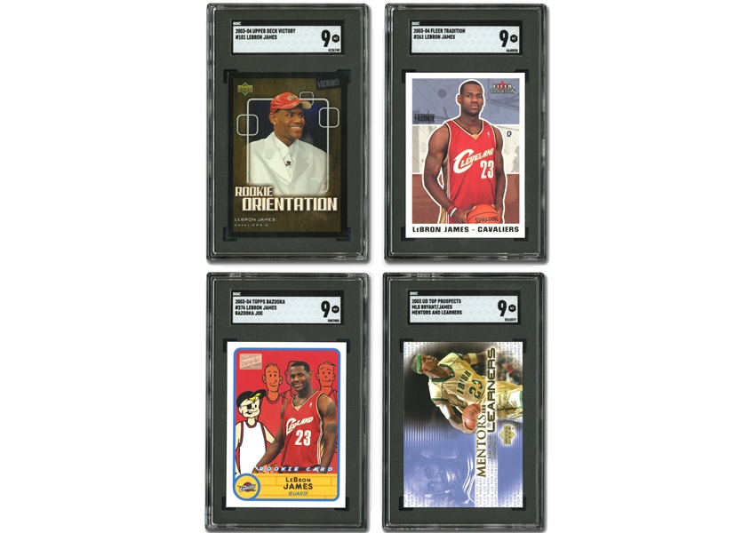 Lot of (4) Lebron James Rookie Cards incl. 2003 Topps Bazooka #276, 2003 Fleer Tradition #261, 2003 Upper Deck Victory #101, and 2003 UD Top Prospects Mentors & Learners - All SGC Mint 9