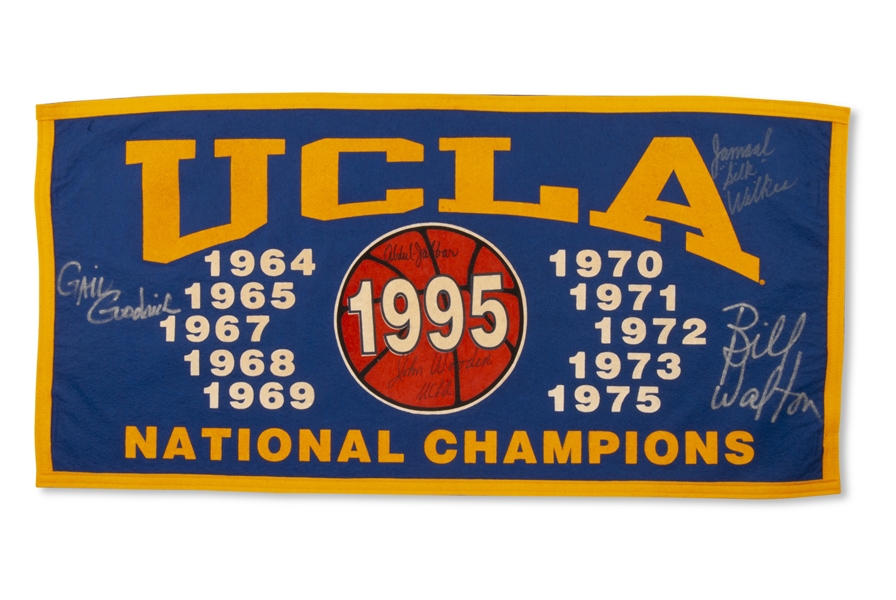 1995 UCLA Bruins Mens Basketball National Champions Banner Signed by Wooden, Kareem, Walton, Wilkes and Goodrich - PSA/DNA