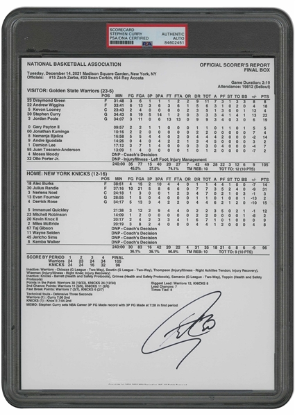 12/14/2021 Stephen Curry Autographed NBA Official Scorers Report from Golden State Warriors at N.Y. Knicks - Curry Ties & Breaks NBA Record at MSG for Career 3-Pointers Made! - PSA/DNA Authentic