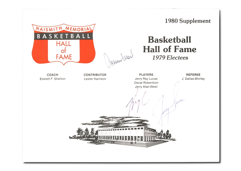 1979 Basketball Hall Of Fame Electees Pamphlet Autographed By Inductees Jerry Lucas, Oscar Robertson, & Jerry West - PSA/DNA LOA