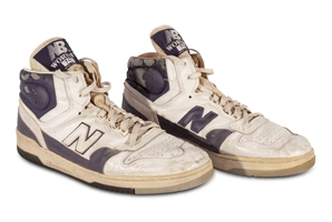 1984-85 James Worthy Game Worn & Dual-Signed New Balance Worthy 740 Shoes from L.A. Lakers World Championship Season