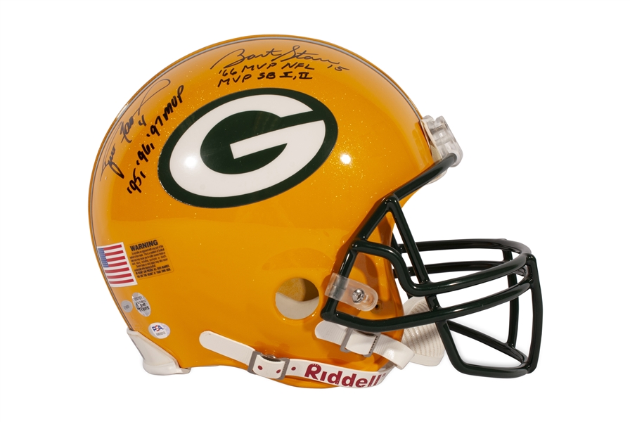 Bart Starr and Brett Favre Dual-Signed Green Bay Packers Helmet - PSA/DNA 8.5 Autos.
