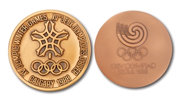 1988 Calgary Winter and Seoul Summer Olympic Participation Medals with Presentation Cases - Helms/LA84 Collection