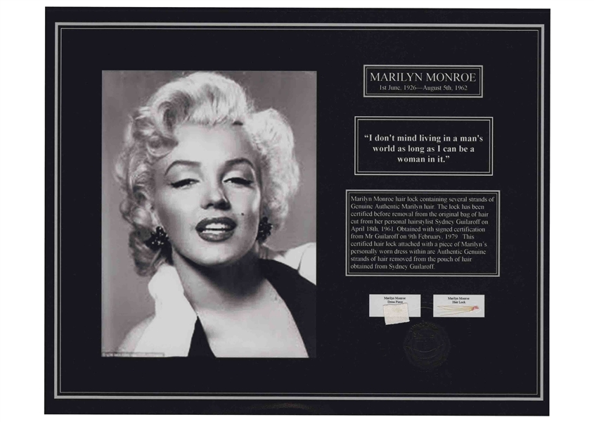 Marilyn Monroe 1961 Lock of Hair and Personally Worn Dress Piece in Matted Display