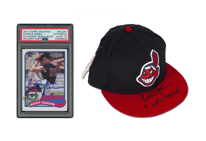 2014 Topps Archives #MLCRV Ricky Vaughn (PSA Auth, PSA/DNA 10 Auto.) and Cleveland Indians Cap (JSA) Both Signed by Charlie Sheen