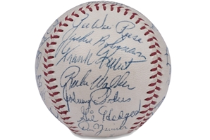 High-Grade 1955 Brooklyn Dodgers World Series Champions Team Signed ONL (Giles) Baseball with 25 Autos. incl. Jackie Robinson, Campanella & More - PSA/DNA 7.5 Overall Grade