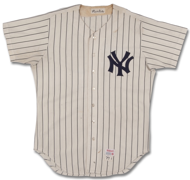 8/12/1977 Jim "Catfish" Hunter NY Yankees Game Worn Home Jersey Photomatched to Complete Game Win from Iconic 77 World Championship Season - MEARS A10, Resolution LOA
