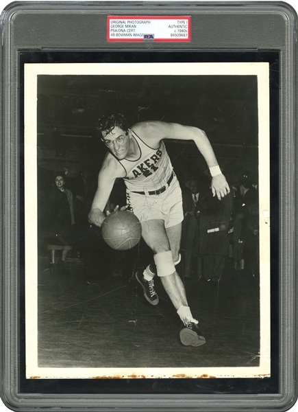 Important C. 1948 George Mikan Autographed Original Photograph Used for 1948 Bowman Rookie - PSA/DNA Type 1 & Authentic Auto. (1 of 2 Known)