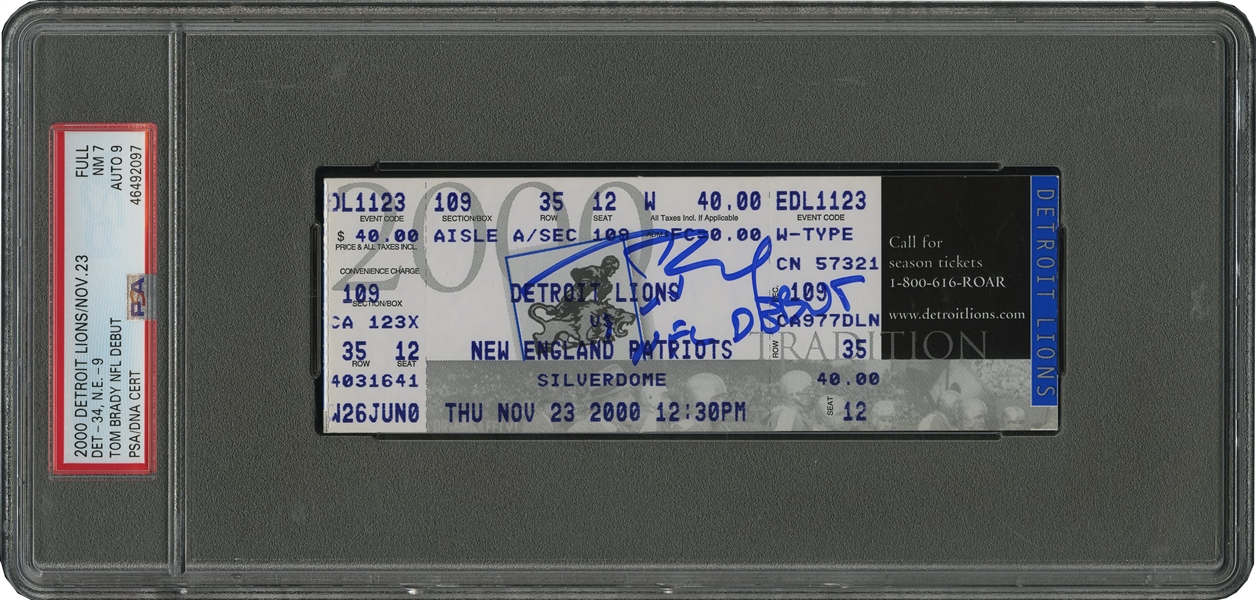 November 23, 2000 Tom Brady Autographed NFL Debut Full Ticket - PSA NM 7, PSA/DNA 9 Auto. (Only One Higher!)