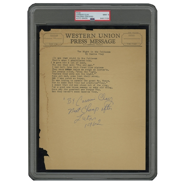 C. 1962 Cassius Clay Boldly Autographed Archie Moore Knockout Poem with Inscription Predicting His Heavyweight Title Victory Over Sonny Liston - PSA/DNA 9 Auto.