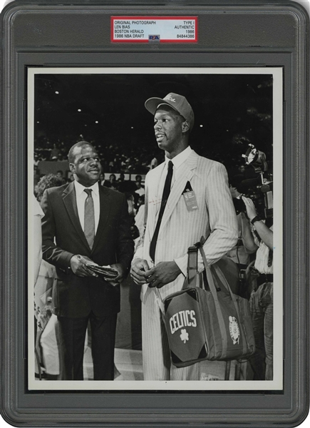 Important June 17, 1986 Len Bias NBA Draft Day Original Photograph Used in Boston Herald (w/ News Clip & Caption Showing Image on Back) - PSA/DNA Type 1