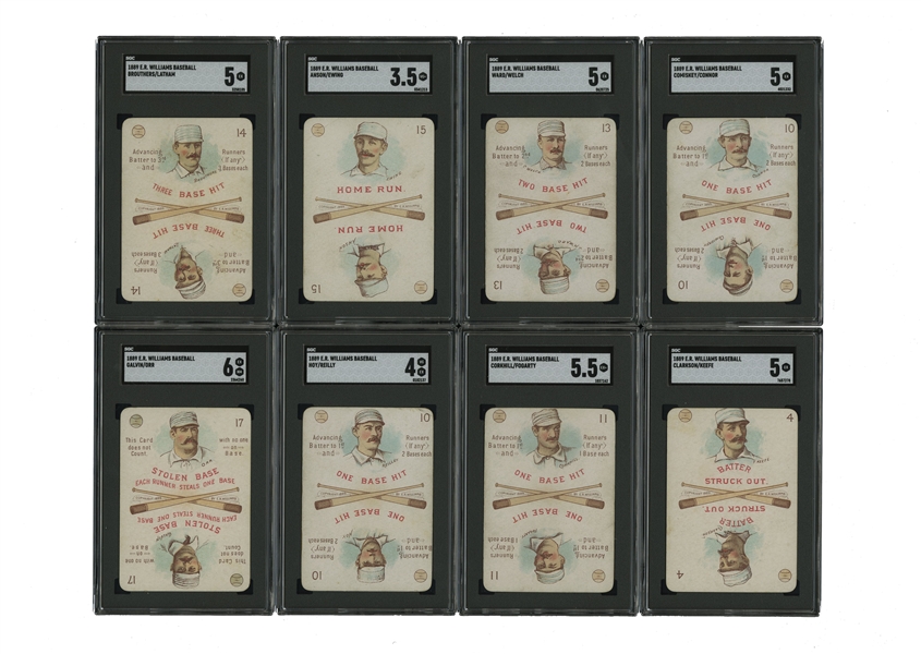 Ancient 1889 E.R. Williams Base Ball Playing Cards Game Complete Set (52) with 8 SGC Graded (Anson/Ewing VG+ 3.5, Comiskey/Connor EX 5, etc.) – Original Box w/ Game Pieces & Scoring Sheets Included