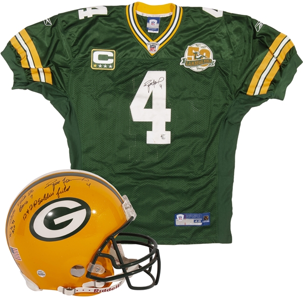 12/31/2006 Brett Favre Signed & Inscribed Green Bay Packers Riddell Pro Model Helmet (LE 23/144) and Signed 2007 Jersey w/ Lambeau 50th Anniv. Patch – Favre & PSA/DNA COAs