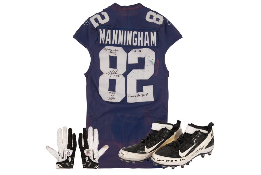10/30/2011 Mario Manningham Signed & Inscribed N.Y. Giants (Super Bowl Season) Game Worn Uniform Ensemble w/ Jersey, Gloves & Cleats (6 Rec., 63 Yds. & TD) – Easily Photomatched w/ JSA LOAs