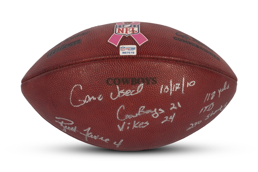 10/17/2010 Brett Favre Signed & Stats Inscribed Minnesota Vikings (vs. Cowboys) Breast Cancer Awareness Game Used Football (NFL Consecutive Starts Record Extended to 290) -- NFL & PSA/DNA COAs