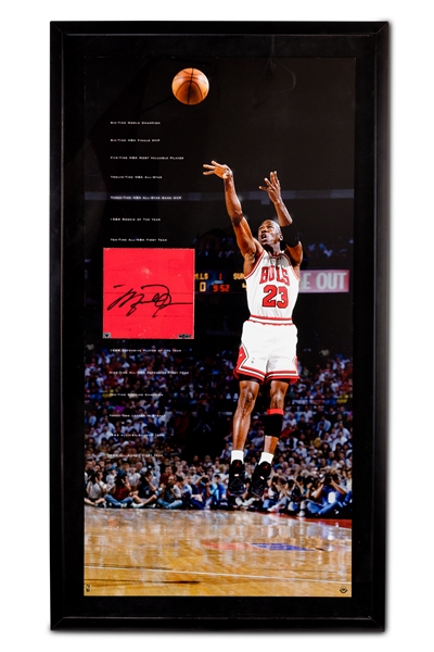Michael Jordan Autographed 1996-98 Chicago Bulls Game Used United Center Floor Piece (Limited to 123) in Shadowbox Display - UDA & PSA/DNA