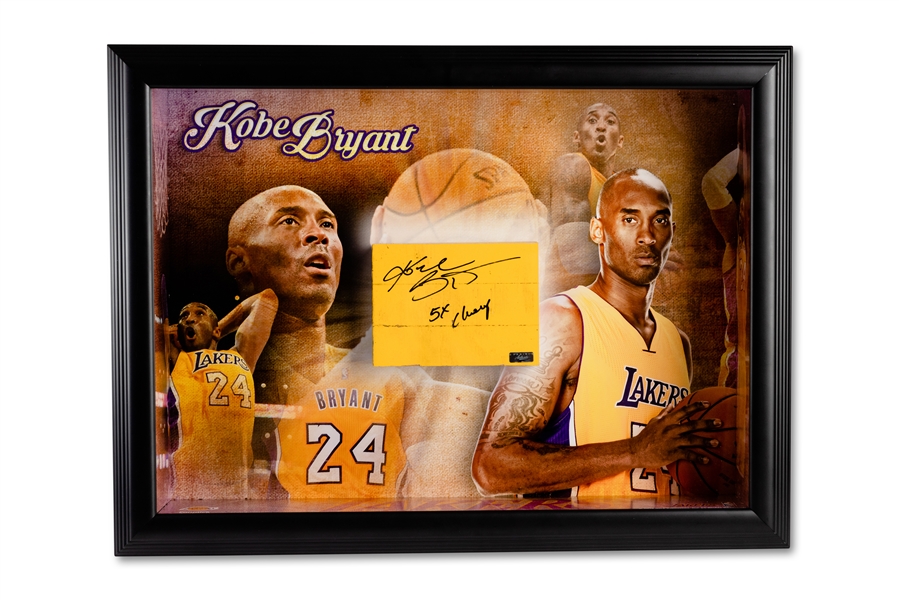 Kobe Bryant Signed & Inscribed "5x Champ" Early 2000s L.A. Lakers Game Used Staples Center Floor Piece in Shadowbox Display - Panini COA, PSA/DNA LOA