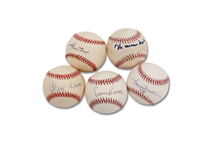 Group of (5) Hall of Famer Single Signed Baseballs incl. Willie Mays, Hank Aaron, Ernie Banks, R. Jackson & Spahn - PSA/DNA COAs