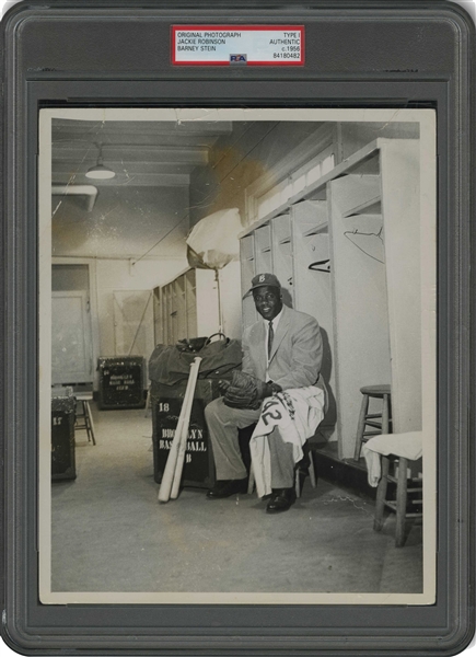Historic 1956 Jackie Robinson (Clearing Out Brooklyn Dodgers Locker) Original Photograph by Barney Stein - His Last Time in Dodgers Clubhouse at Ebbets Field - PSA/DNA Type 1 (Only Known Example)
