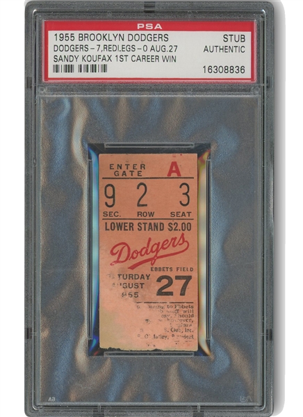 Aug. 27, 1955 Sandy Koufax First Career Win Ticket Stub (CG Shutout w/ 14 Ks at Ebbets Field) - PSA Authentic