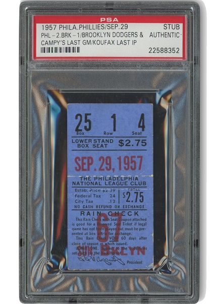 Rare 9/29/1957 Brooklyn Dodgers Last Game (Koufax Final IP) & Roy Campanellas Last Career Game Ticket Stub - PSA Authentic (Pop 2, Only 2 Higher)