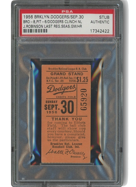 Sept. 30, 1956 Jackie Robinson Last Regular Season Game & Home Run Ticket Stub (Dodgers Clinch Last NL Pennant in Brooklyn) - PSA Authentic