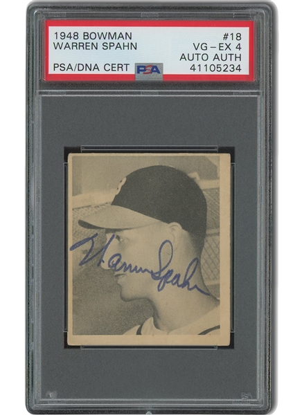 1948 Bowman #18 Warren Spahn Autographed Rookie - PSA VG-EX 4, PSA/DNA Auth.