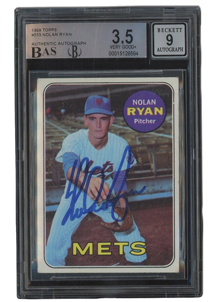 1969 Topps #533 Nolan Ryan Autographed (His First Solo Card) – BVG VG+ 3.5, Beckett 9 Auto.