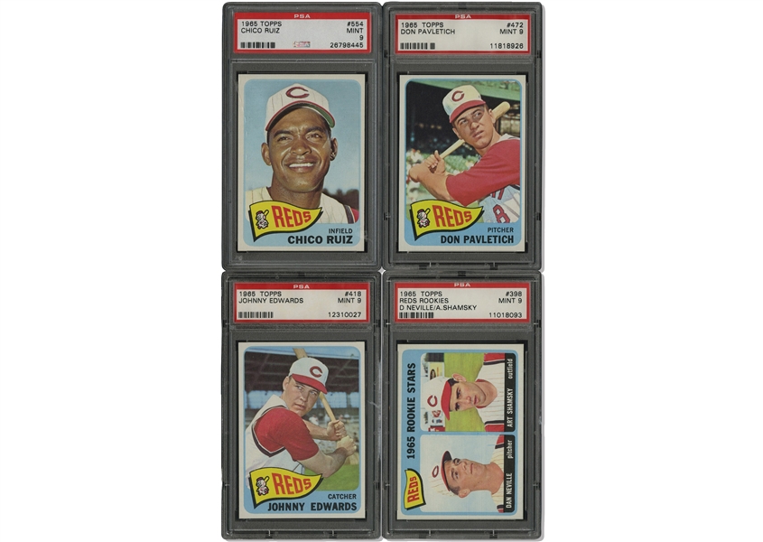 Group of (4) 1965 Topps Incl. #398 Reds Rookies, #418 Johnny Edwards, #472 Don Pavlitech, & #554 Chico Ruiz - All PSA Mint 9