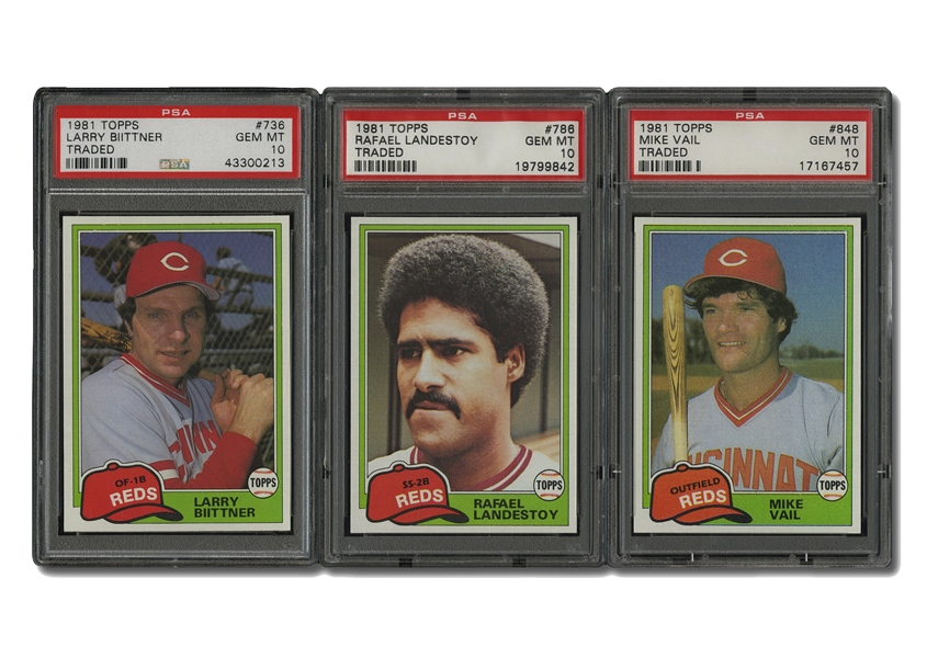 Trio of 1981 Topps Traded Incl. #736 Larry Bittner, #786 Rafael Landestoy, & #848 Mike Vail - All PSA Gem Mint 10