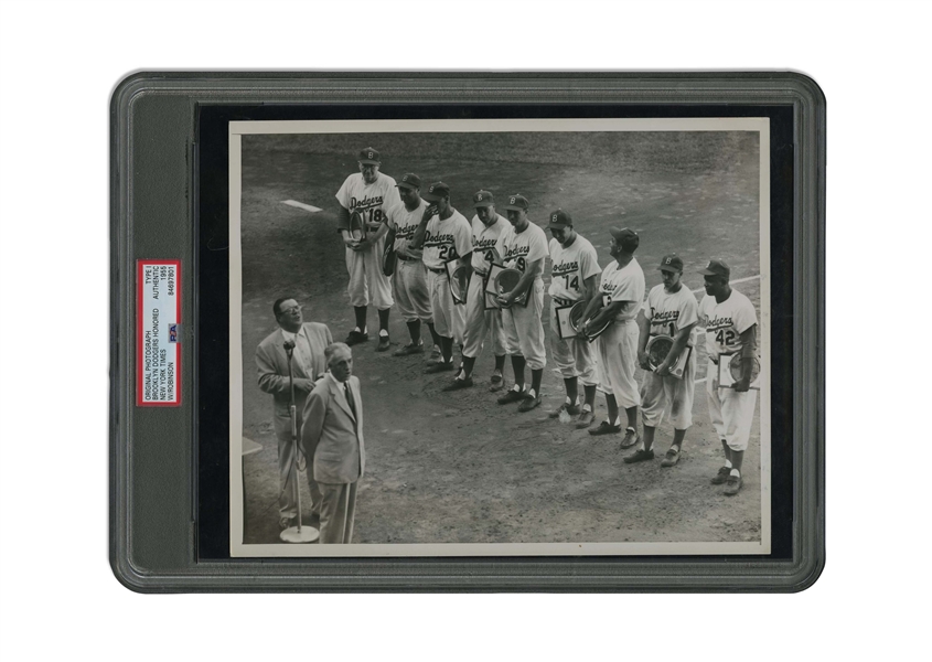 1955 Brooklyn Dodgers Greats (incl. Jackie Robinson) Honored Original Photograph - PSA/DNA Type 1