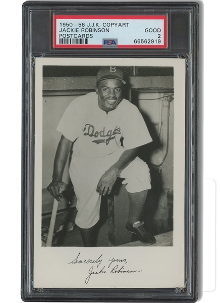 1950-56 JJK Copyart Jackie Robinson HOF Dodgers Postcard - PSA GD 2