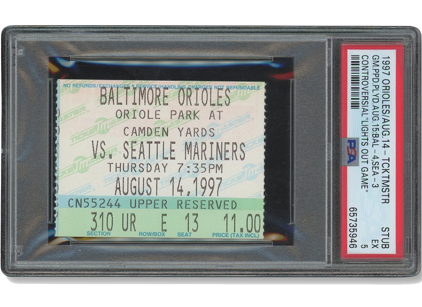 8/14/1997 Cal Ripken Jr. “Lights Out Game” Orioles vs. Mariners Ticket Stub - PSA EX 5