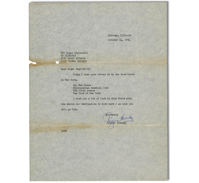 1961 Rogers Hornsby Autographed Letter - PSA/DNA LOA