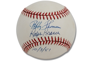 Bobby Thomson & Ralph Branca Dual-Signed "Shot Heard Round the World" Themed Baseball (Inscribed "10/3/51") – Sax Collection, PSA/DNA COA