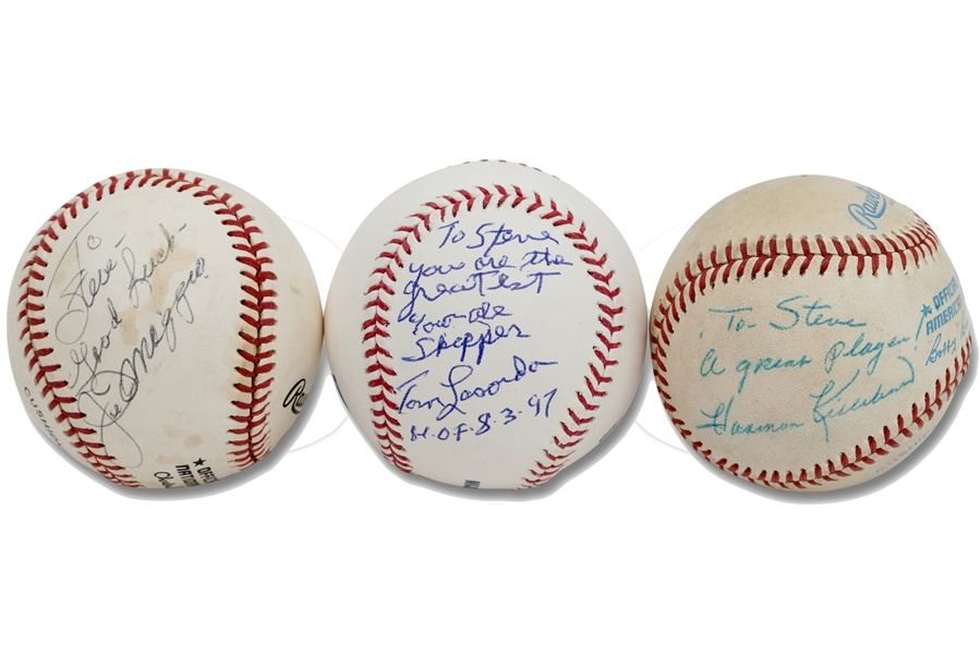 Steve Saxs Trio of Joe DiMaggio, Harmon Killebrew and Tommy Lasorda Single Signed Baseballs with Personal Inscriptions – Sax Collection, PSA/DNA
