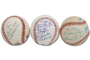 Steve Saxs Trio of Joe DiMaggio, Harmon Killebrew and Tommy Lasorda Single Signed Baseballs with Personal Inscriptions – Sax Collection, PSA/DNA