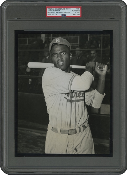 April 10, 1947 Jackie Robinson Photograph Taken The Day Brooklyn Dodgers Signed Him To Become The First Player To Break MLB Color Barrier! - Image Used For His 1947 Bond Bread Rookie - PSA/DNA Type 1 