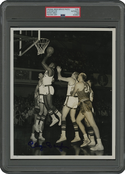 Oct. 22, 1958 Elgin Baylor Autographed Minneapolis Lakers NBA Rookie Debut Original Photograph – PSA/DNA Type 1 w/ Authentic Auto. (Only Known Example!)