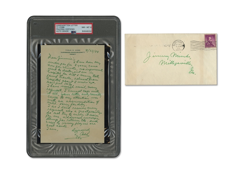 4/23/1959 Ty Cobb Handwritten & Signed Letter Responding to Fan Seeking Autograph – PSA/DNA 8 Auto.